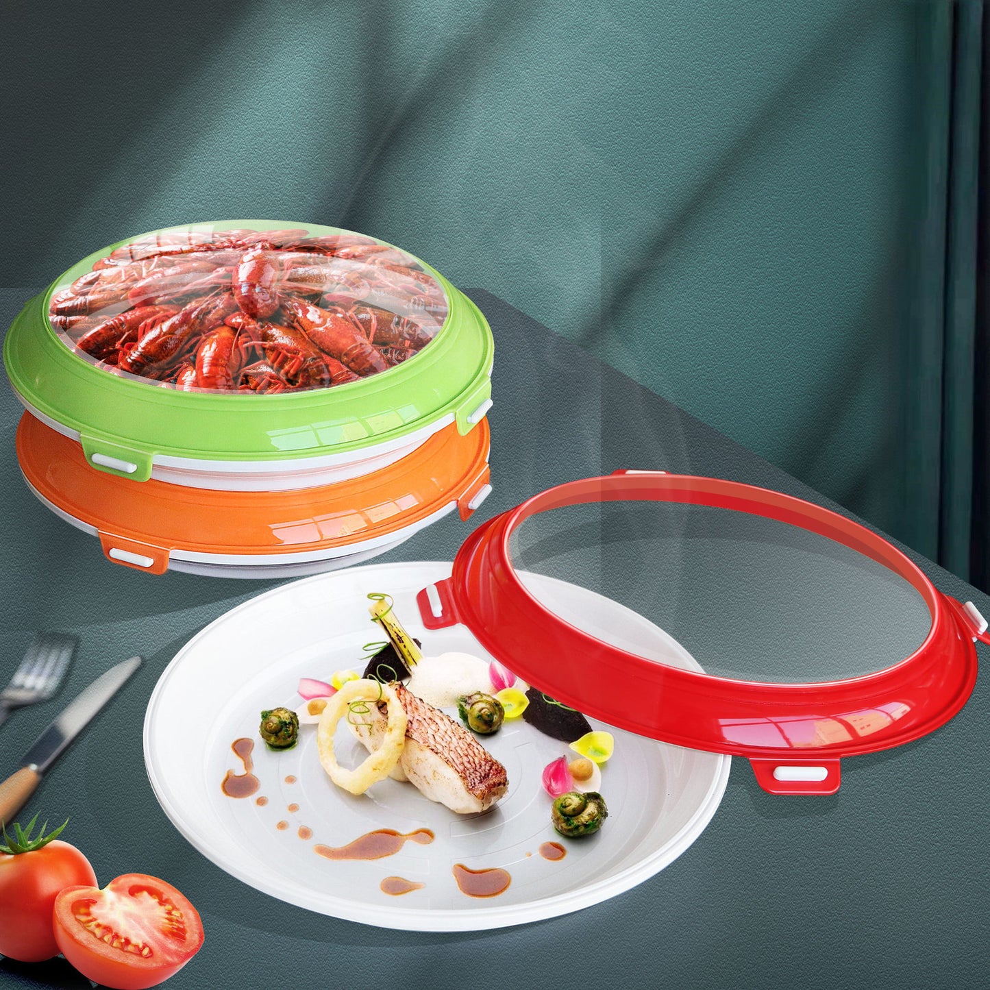 Sheila Merchandise food vacuum preservation tray with colorful lids covering plates of seafood and gourmet meal