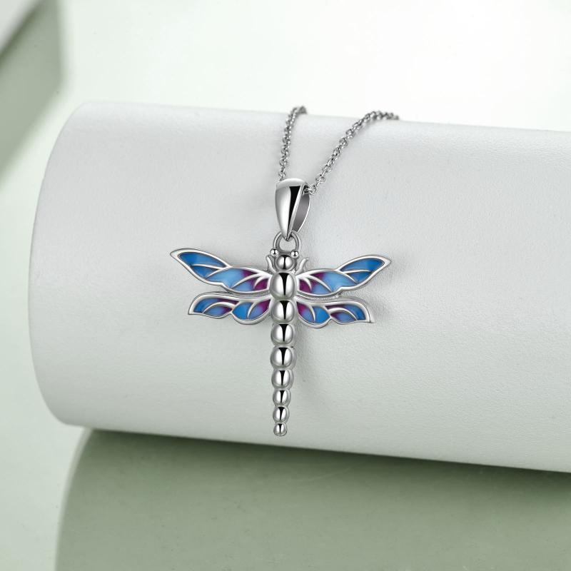 Sterling silver dragonfly urn necklace with blue and purple enamel wings on a silver chain