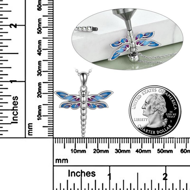 Sterling silver dragonfly urn necklace with blue and purple enamel wings shown with size rulers and a quarter for scale