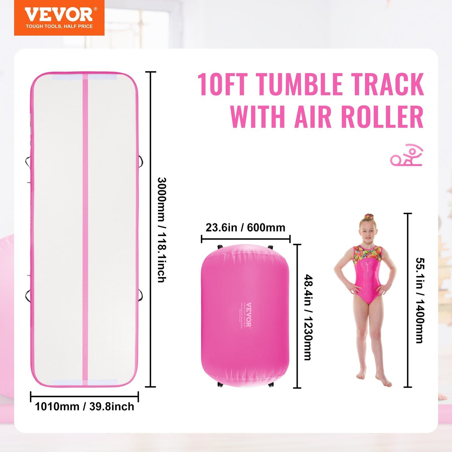 Inflatable gymnastics air mat set with 10ft tumble track and pink air roller by Sheila Merchandise