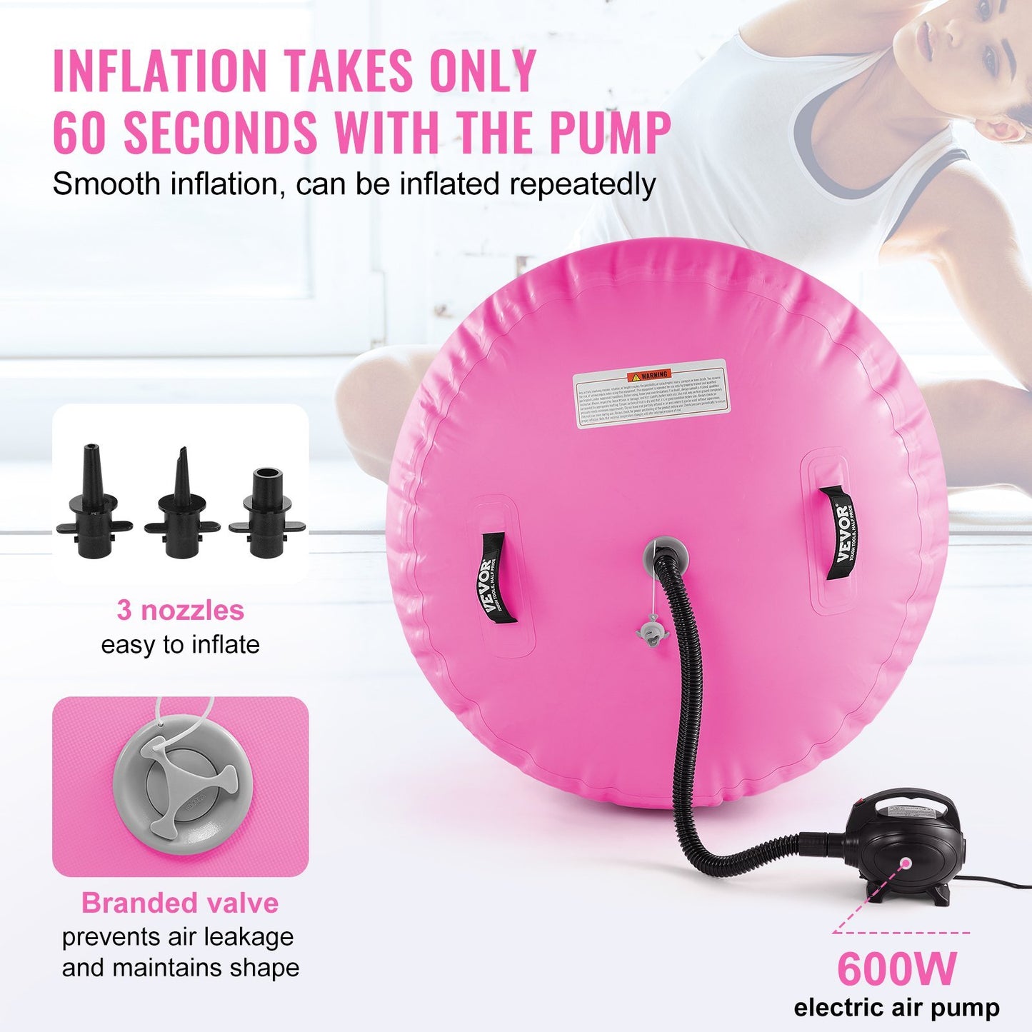 Sheila Merchandise inflatable gymnastics air mat set with pink mat, 600W electric air pump, three nozzles, and branded valve
