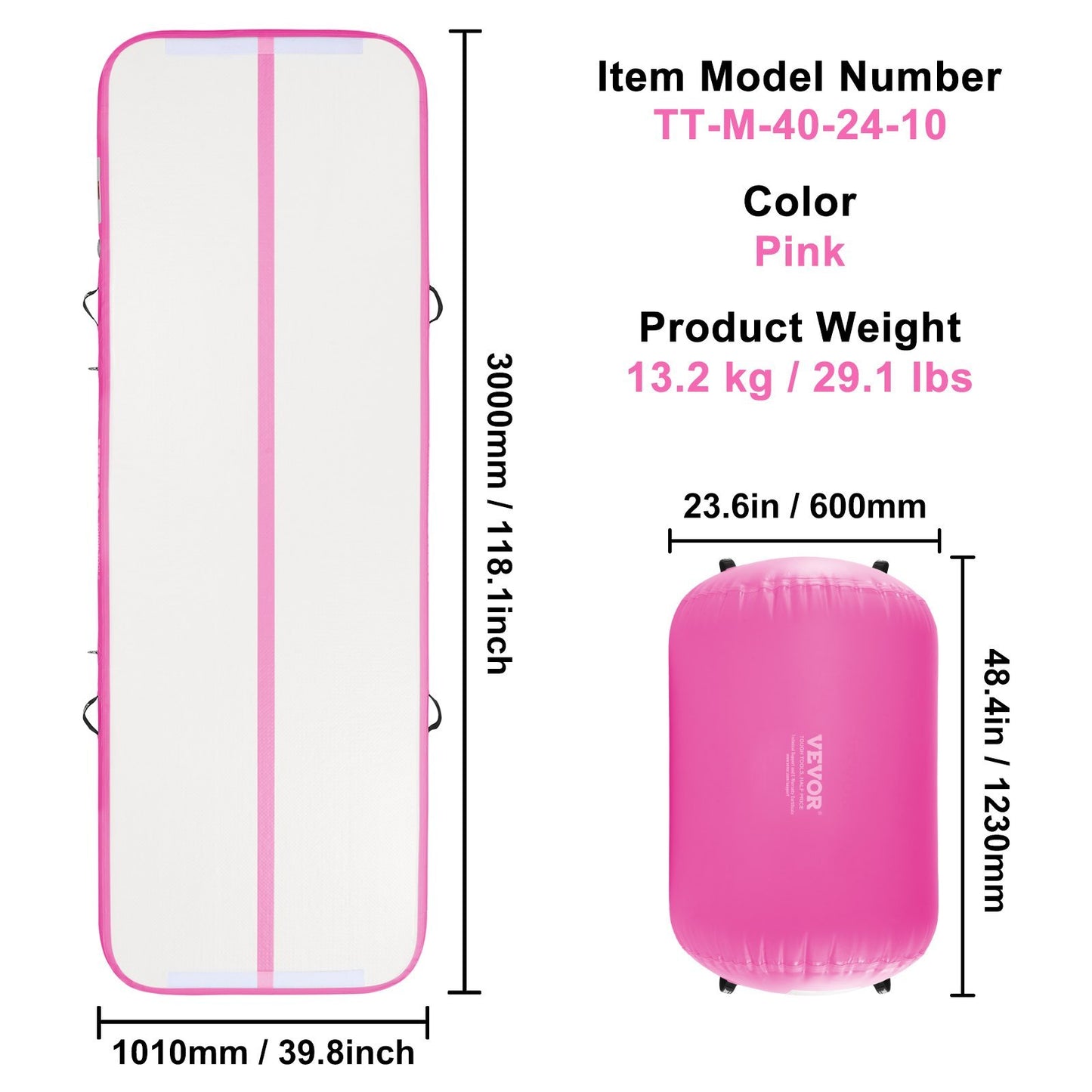 Pink inflatable gymnastics air mat set by Sheila Merchandise with detailed dimensions and weight