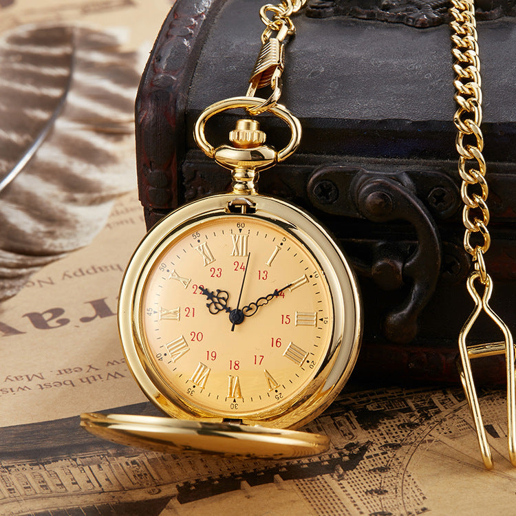 Gold-tone vintage quartz pocket watch with Roman numerals and decorative chain on vintage background