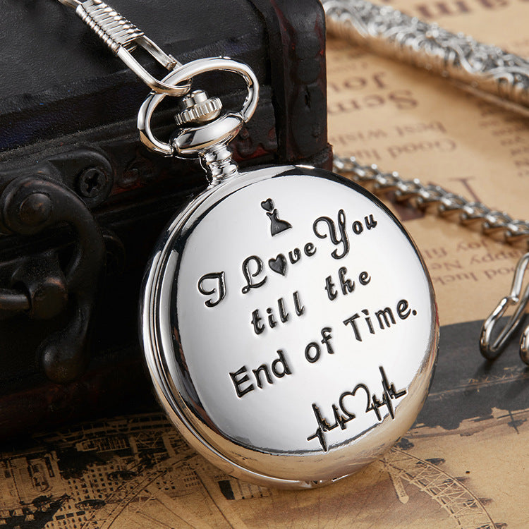 Engraved vintage quartz pocket watch with I Love You till the End of Time message on silver case