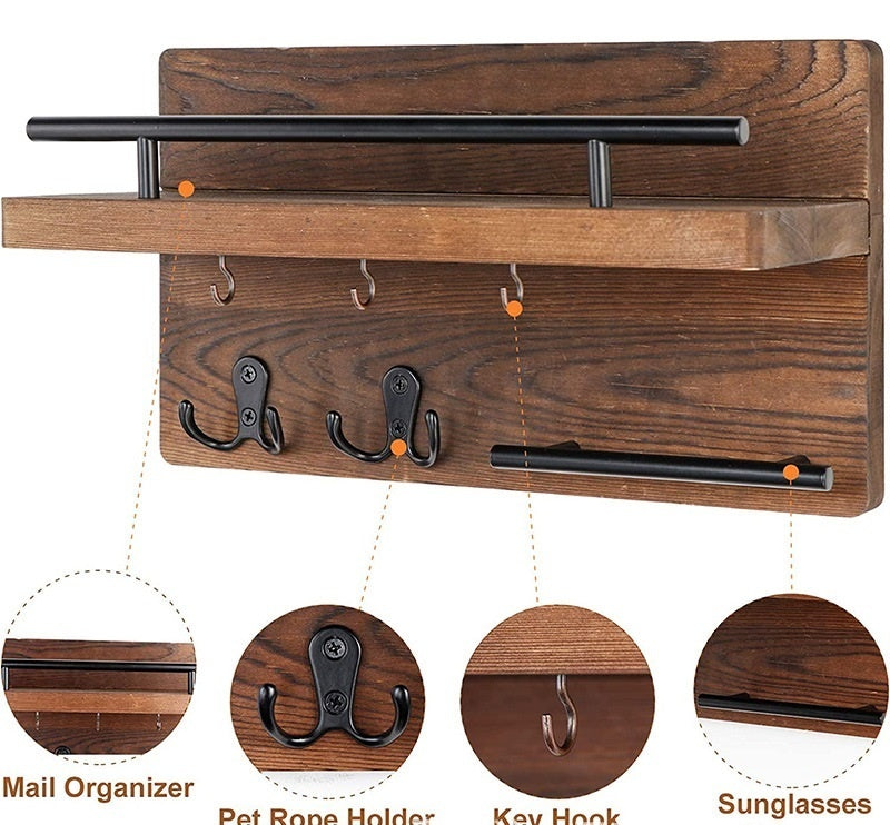 Sheila Merchandise wall-mounted wooden shelf with metal rail, hooks for keys, pet ropes, and sunglasses organizer