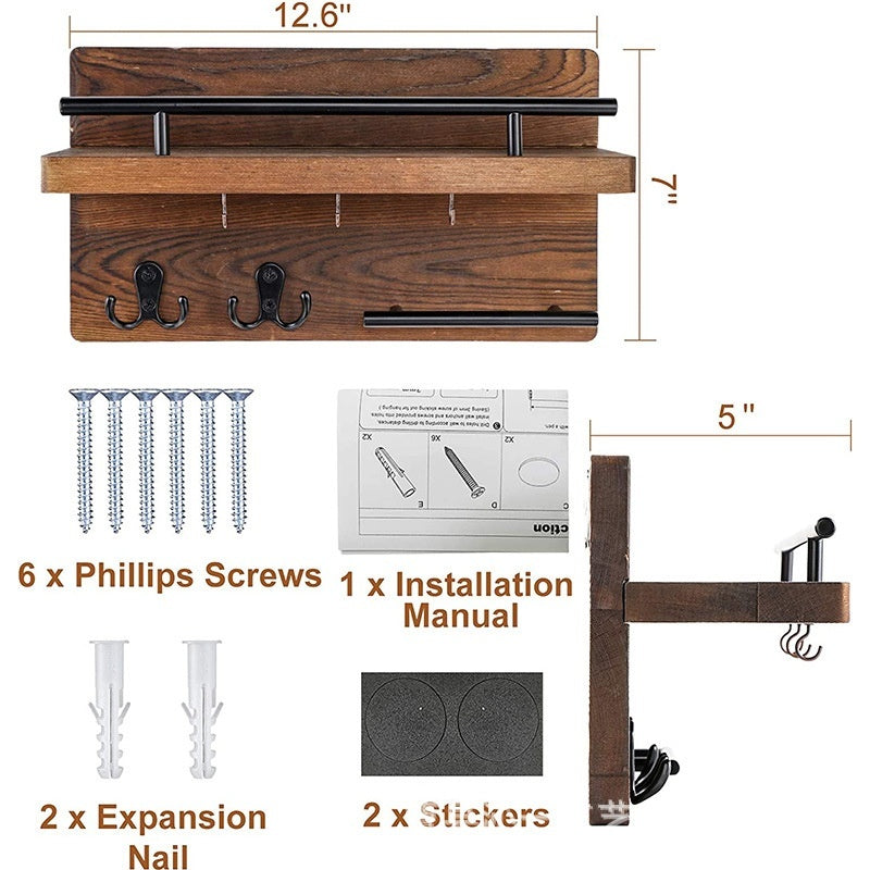 Sheila Merchandise wall-mounted wooden shelf with black metal rail, hooks, screws, expansion nails, and installation manual