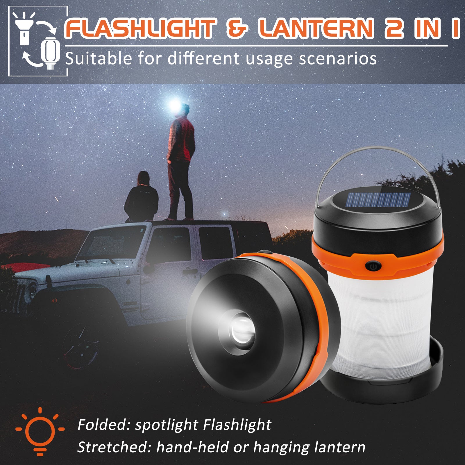 Wanjo camping light features flashlight and lantern 2 in 1, ideal for camping and outdoor use