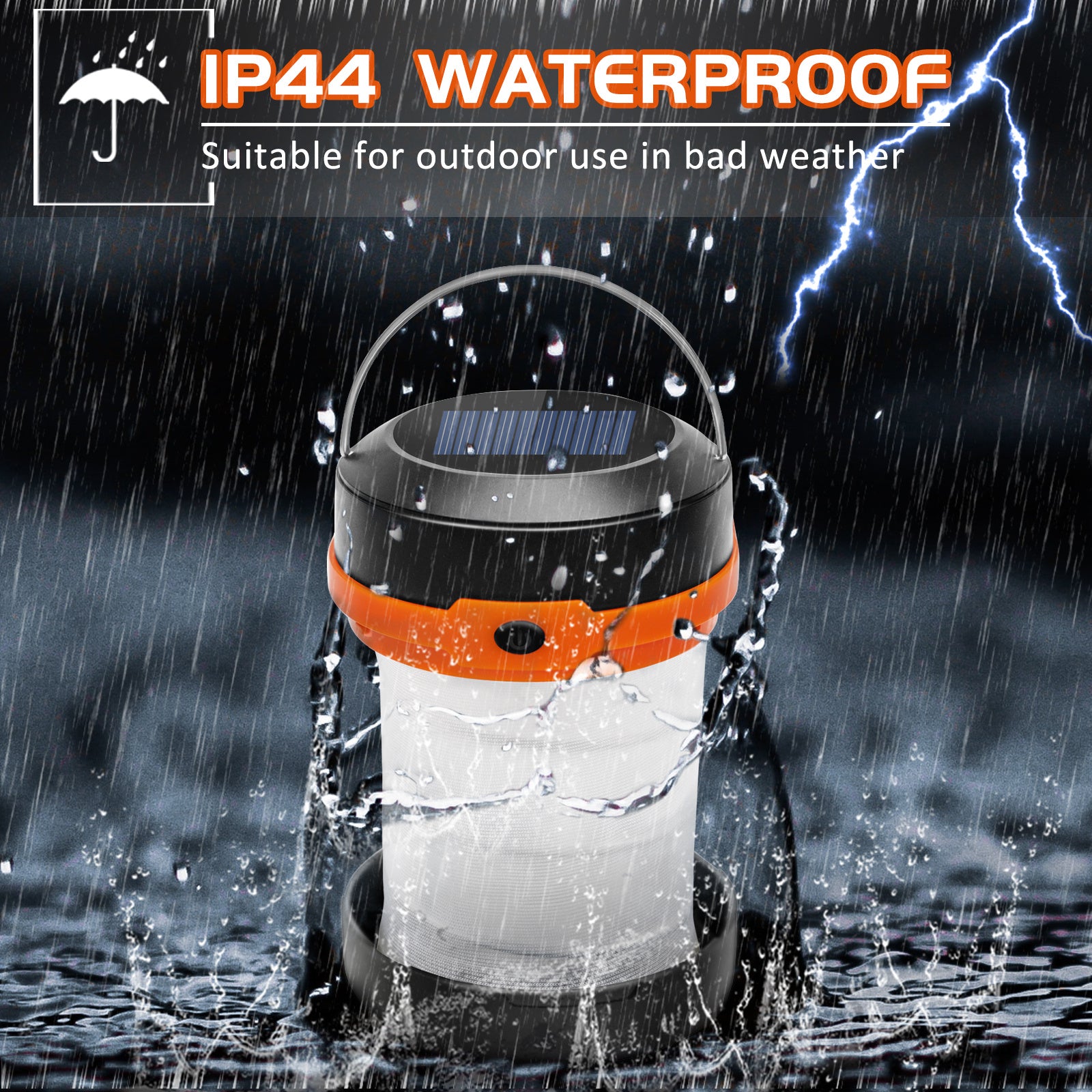Wanjo Collapsible LED Solar Camping Light with IP44 waterproof design for outdoor use in bad weather, highlighting Wanjo camping light features