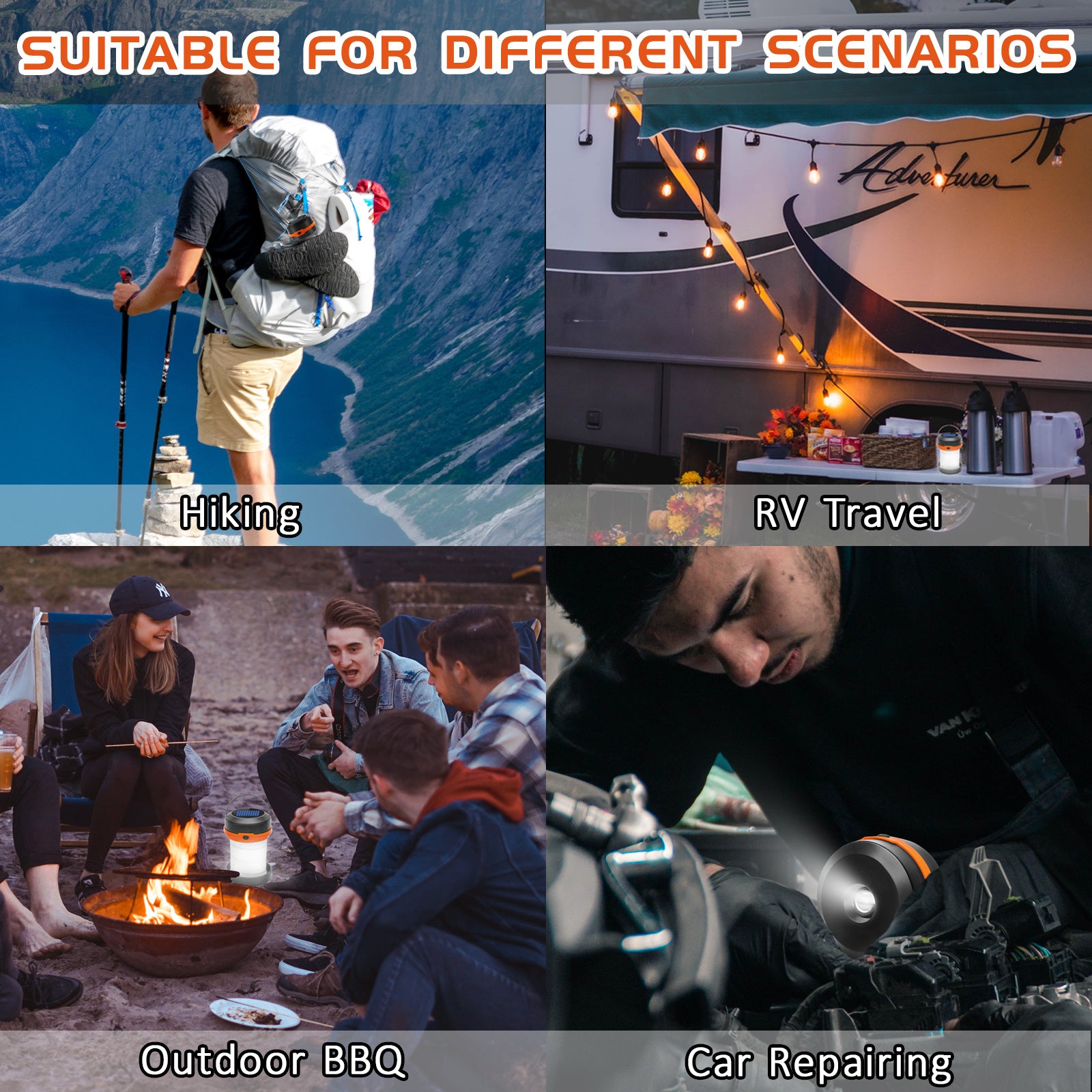 Wanjo camping light features highlighted in various outdoor scenarios like hiking and BBQ gatherings