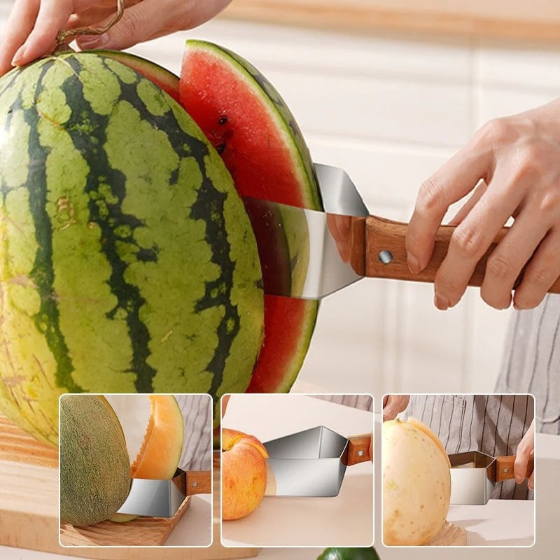 Watermelon slicer stainless steel tool with wooden handle for easy slicing of watermelons and melons