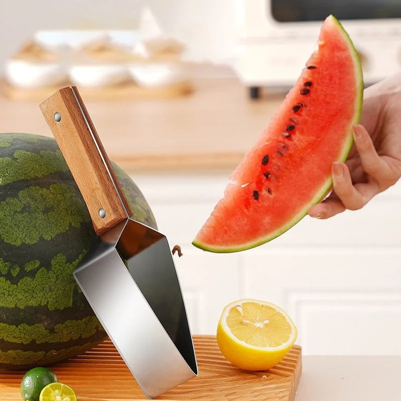 Watermelon slicer stainless steel with a wooden handle next to a freshly sliced watermelon