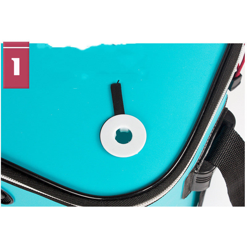 Close-up detail of a foldable fishing bucket in turquoise blue by Sheila Merchandise with strap and zipper