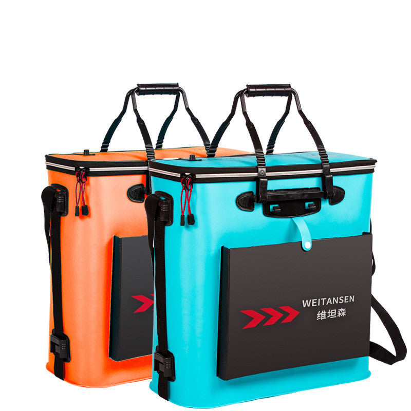 Sheila Merchandise foldable fishing bucket in orange and blue with carrying straps and front pockets