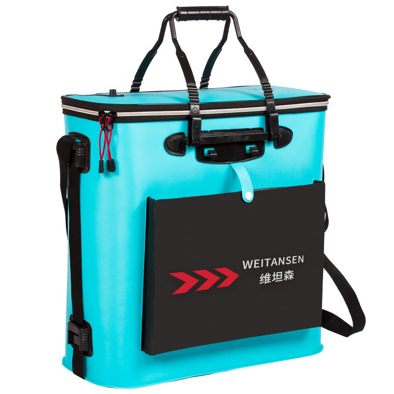 Sheila Merchandise foldable fishing bucket in blue with black front pocket and carrying handles