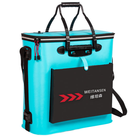 Sheila Merchandise foldable fishing bucket in blue with black front pocket and carrying handles