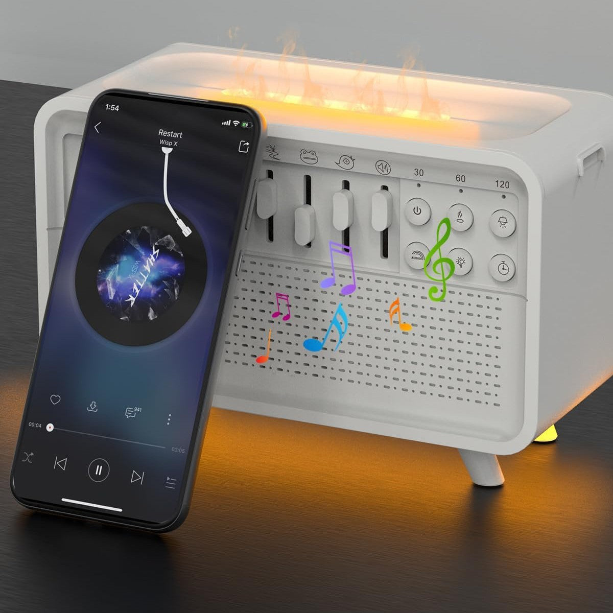 Sheila Merchandise white noise sleep lamp with smartphone showing music player and colorful music notes