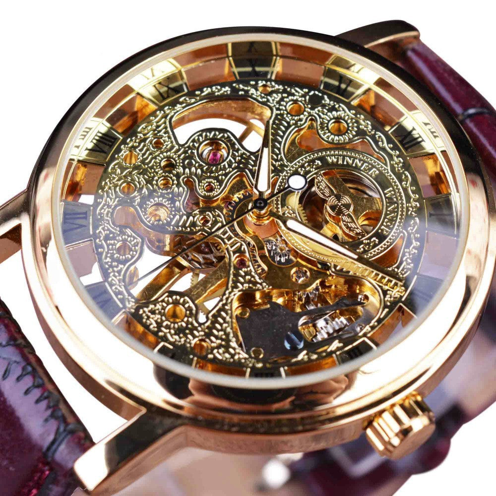 Sheila Merchandise luxury skeleton watch men's with gold mechanical design and brown leather strap