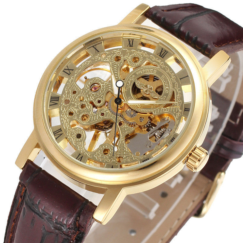 Luxury skeleton watch men's mechanical timepiece with gold case and brown leather strap
