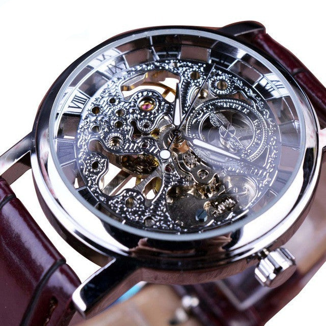 Sheila Merchandise luxury skeleton watch men's classic mechanical design with brown leather strap