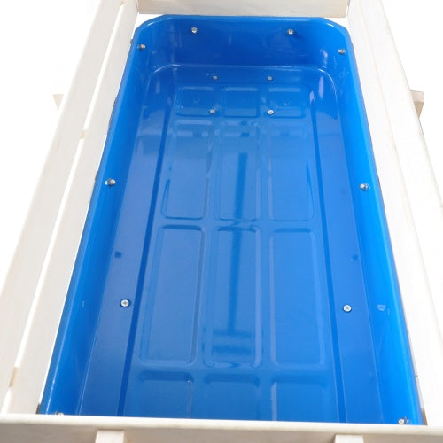 Interior view of a wood railing wagon for hauling featuring a blue metal tub for safe transport