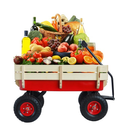Garden wagon with wood railing wagon for hauling filled with fresh vegetables and fruits