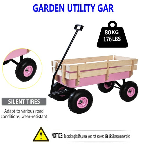 Pink garden utility wagon with wood railing for hauling, featuring silent tires and a weight capacity of 176 lbs