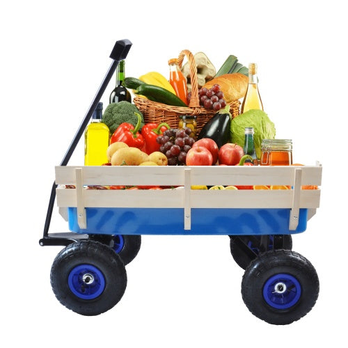 Wood railing wagon for hauling filled with fresh fruits, vegetables, and groceries for easy transport