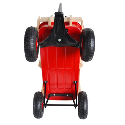 Underneath view of a red garden wagon with wood railing wagon for hauling and durable all-terrain wheels