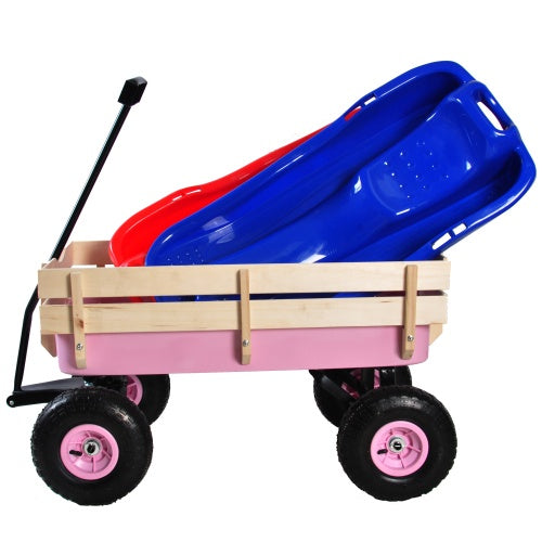 Colorful garden wagon with wood railing wagon for hauling sleds, designed for outdoor fun and transportation