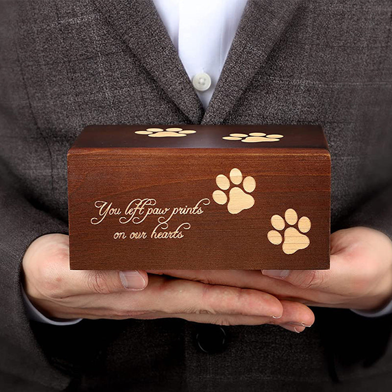 Sheila Merchandise wooden pet urn for ashes with paw print design and sentimental inscription