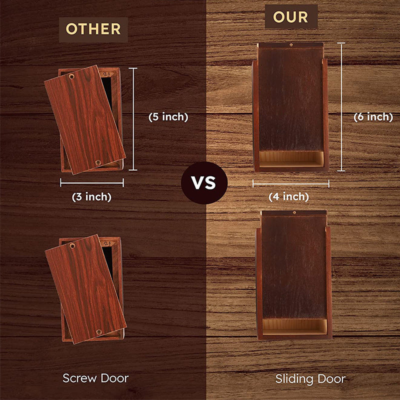 Comparison of wooden pet urn for ashes showing a 4x6 inch sliding door urn versus a smaller 3x5 inch screw door urn