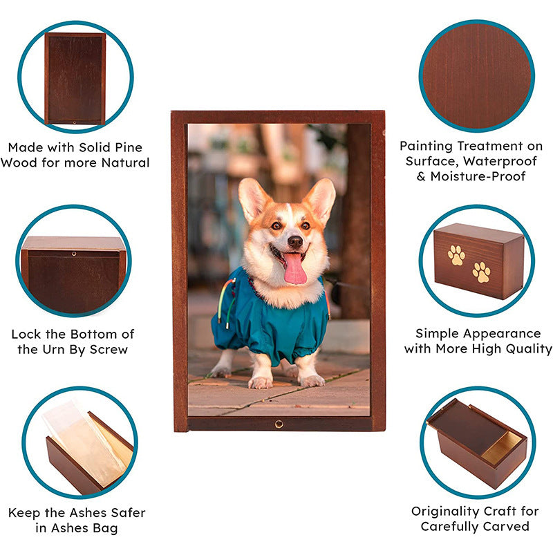 Wooden pet urn for ashes made of solid pine with waterproof finish and secure screw lock