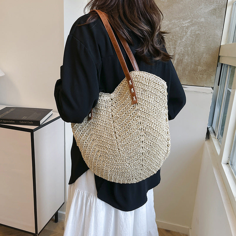 Sheila Merchandise women's woven tote summer fashion shoulder bag with brown straps