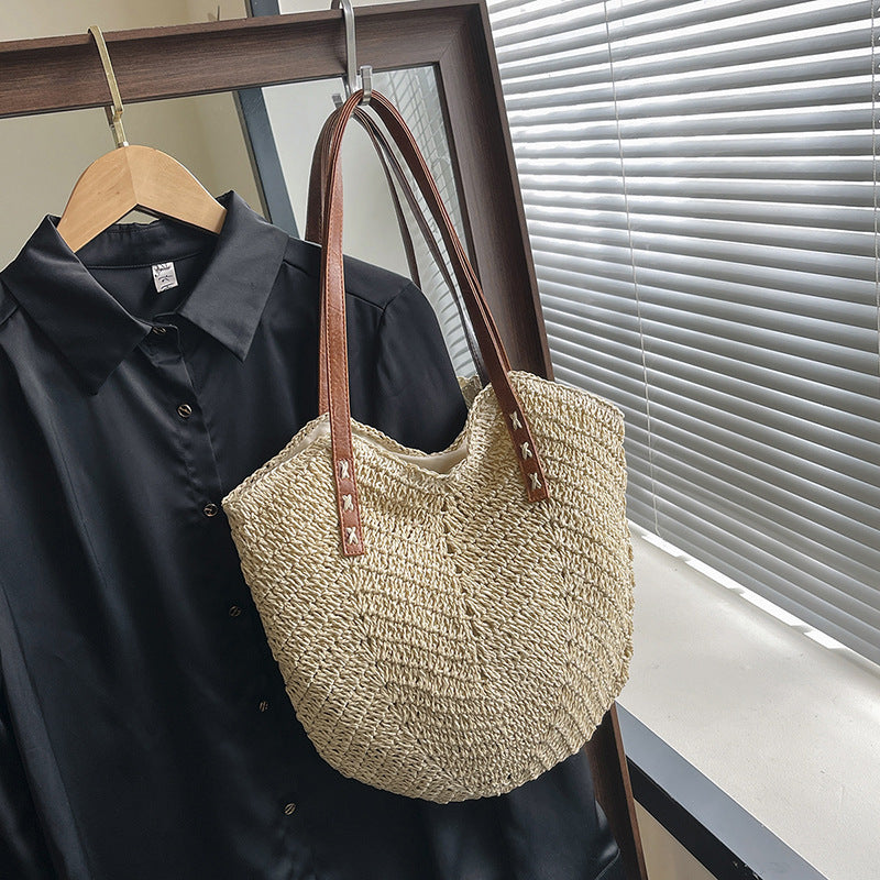 Sheila Merchandise women's woven tote with brown leather straps summer fashion shoulder bag