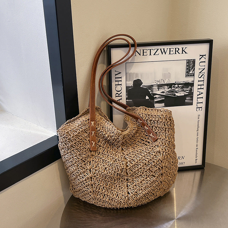 Sheila Merchandise women's summer fashion shoulder bag woven tote with brown leather straps