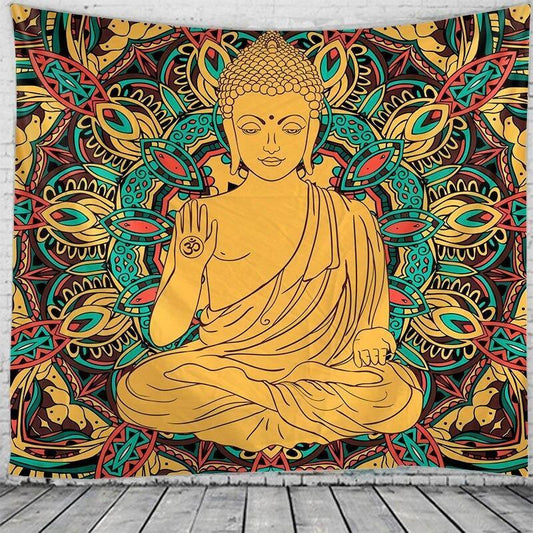 Vintage Buddha tapestry with colorful mandala design perfect for yoga space decoration