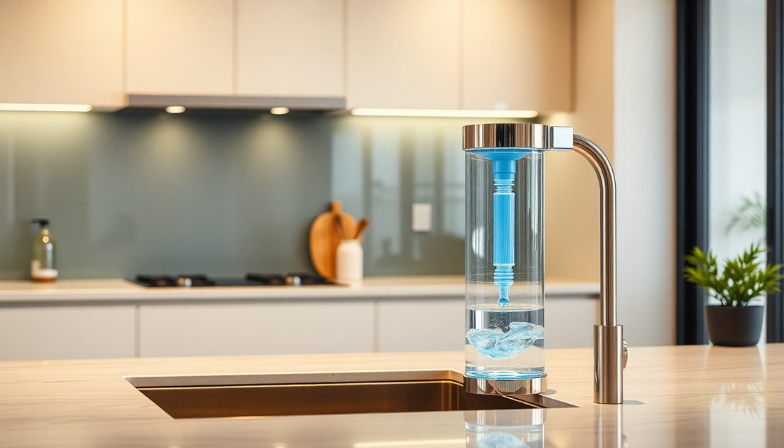 Modern kitchen countertop with a sleek water purifier showcasing one of the top water purifiers for home use