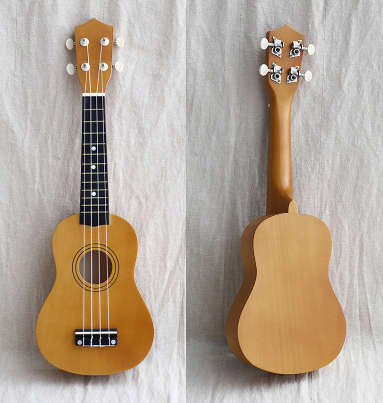 A wooden guitar for children.