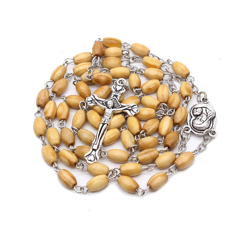 Wooden rice beads rosary cross necklace