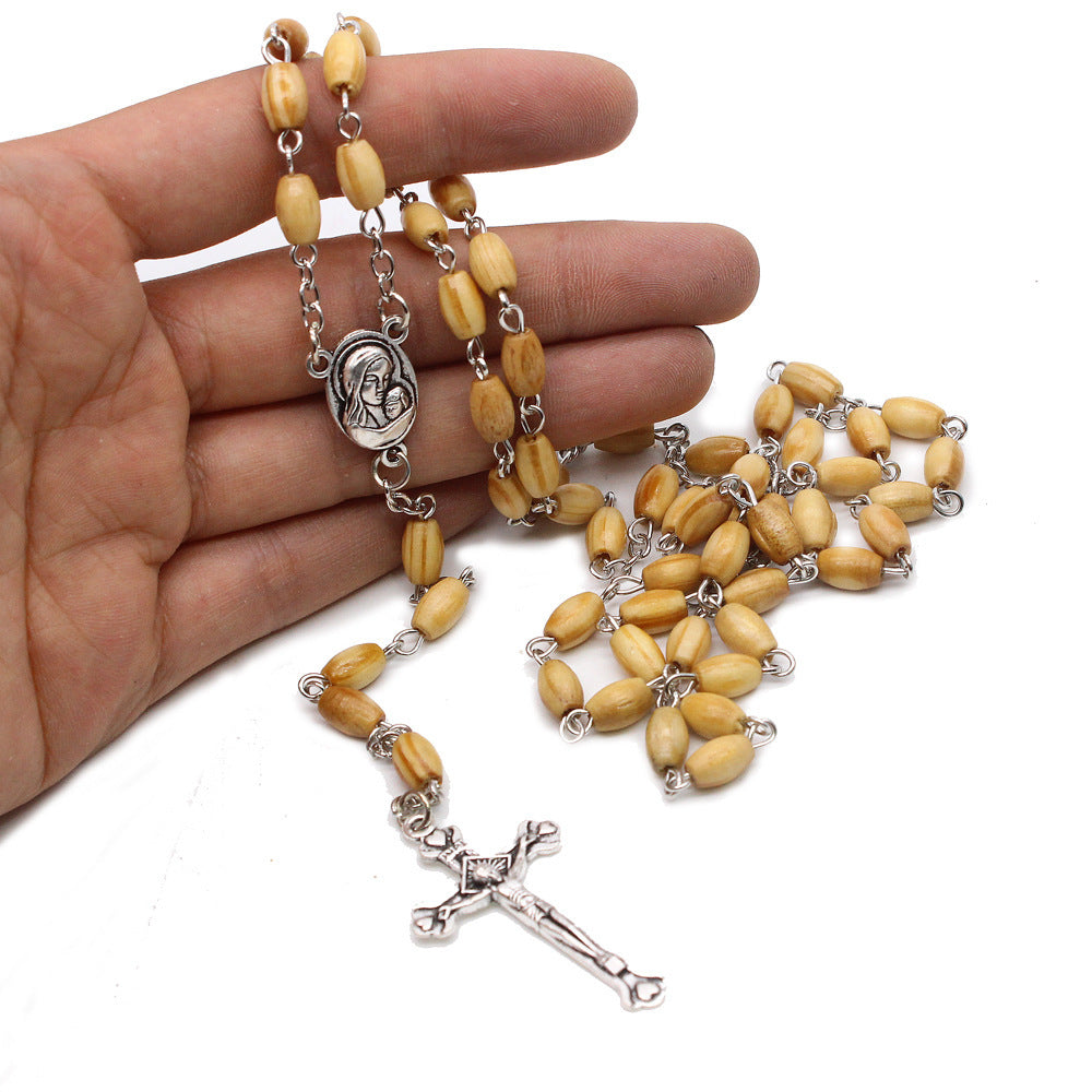 Wooden rice beads rosary cross necklace
