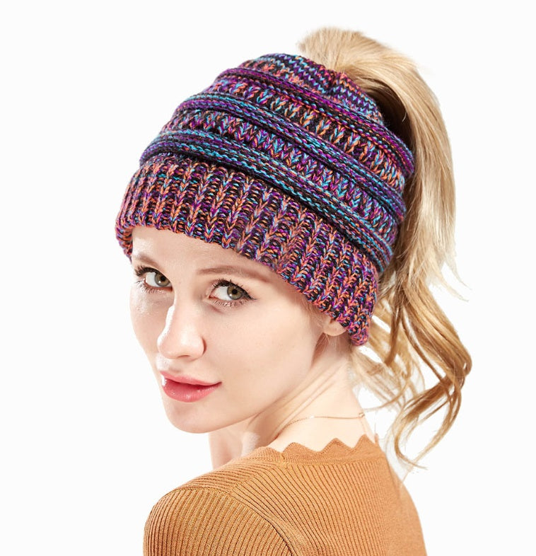 Mixed Color Knitted Wool Hat Ladies Ponytail Hat