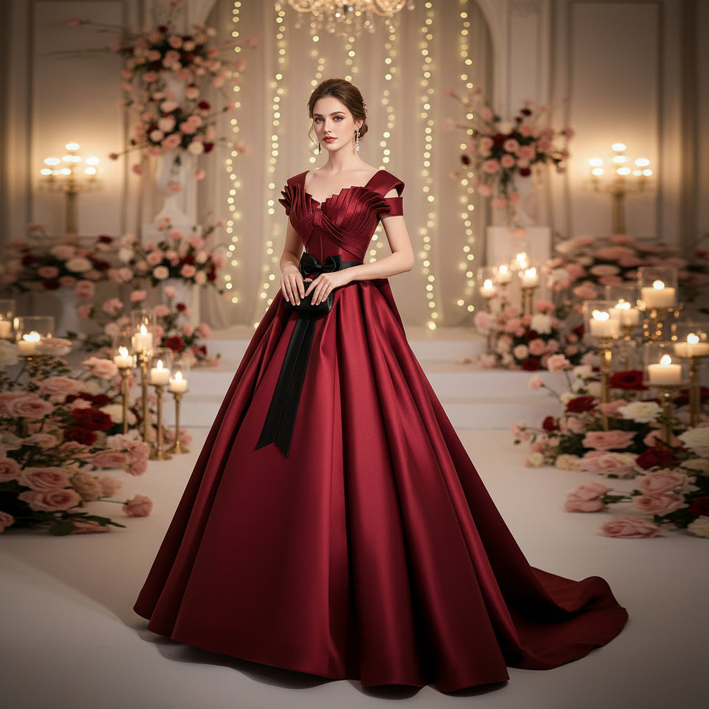 Women's Bride Host Red Dress Satin Wedding Dress