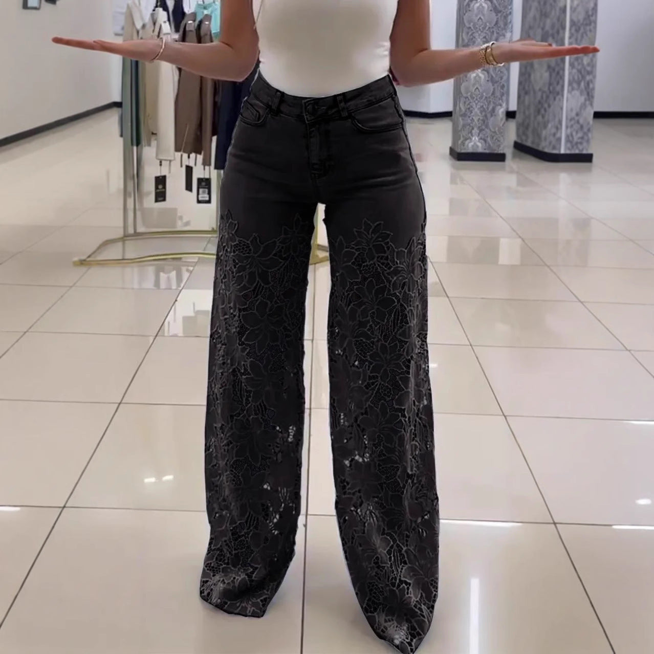 🌸 Women’s Lace Hollow High Waist Wide-Leg Jeans – Elegant & Stylish