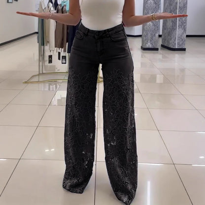 🌸 Women’s Lace Hollow High Waist Wide-Leg Jeans – Elegant & Stylish
