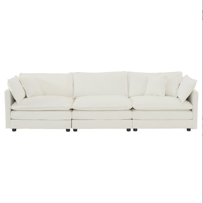 Mid-Century Modern 3-Seater Sofa – White Chenille Couch with Armrest & Toss Pillows
