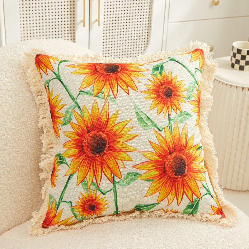 Tassel Sunflower Linen Printed Pillowcase Home Bedroom Bedside Soft Upholstery Pillow