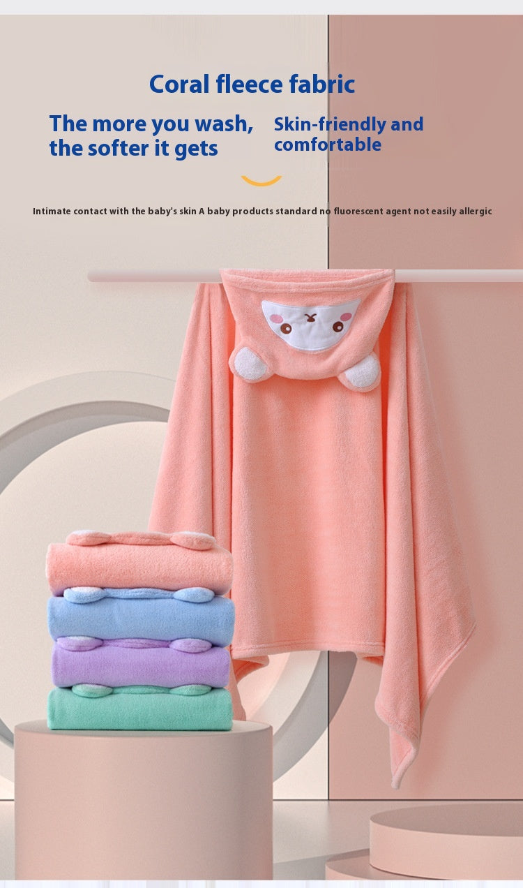 Kids' Hooded Quick-Dry Coral Fleece Bathrobe.