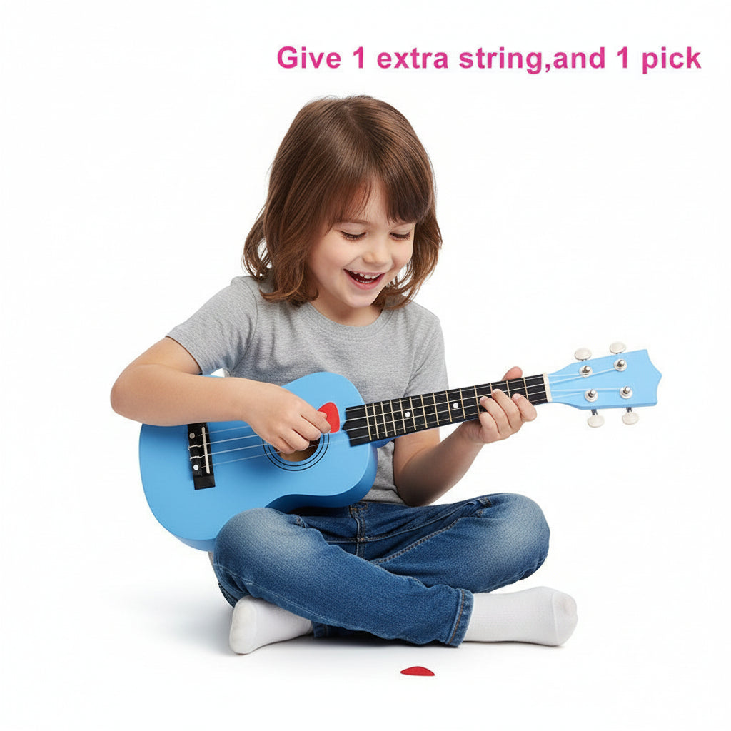 A wooden guitar for children.
