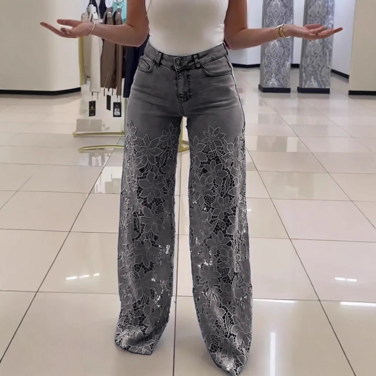 🌸 Women’s Lace Hollow High Waist Wide-Leg Jeans – Elegant & Stylish