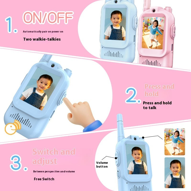 Miniature Wireless Video Walkie-Talkies for Children, Handheld, Two-Pack, Rechargeable.